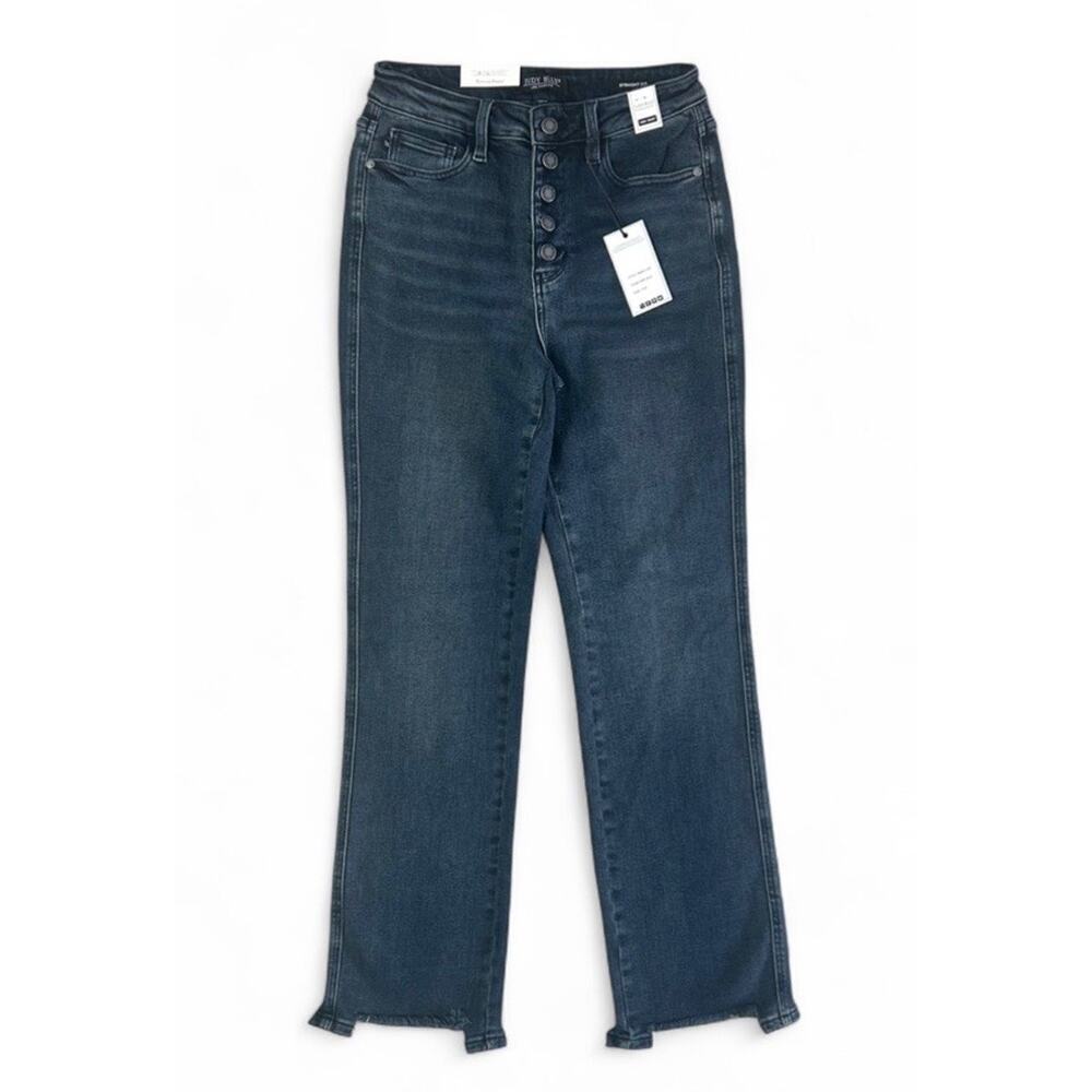 NWT Judy Blue High Waist Straight Fit Stretch Jeans Dark Blue 7/28 Distressed